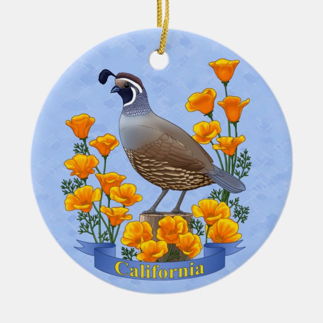 California State Bird Quail & Golden Poppy Ceramic Ornament (Front)