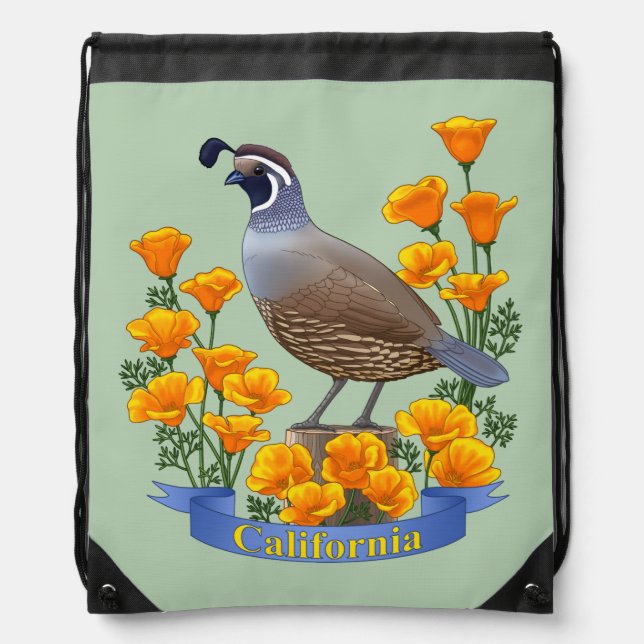 California State Bird Quail & Golden Poppy Drawstring Bag (Front)