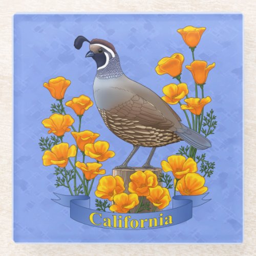 California State Bird Quail  Golden Poppy Glass Coaster