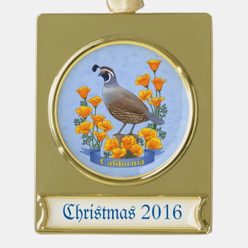California State Bird Quail  Golden Poppy Gold Plated Banner Ornament