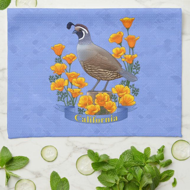 California State Bird Quail & Golden Poppy Kitchen Towel (Folded)