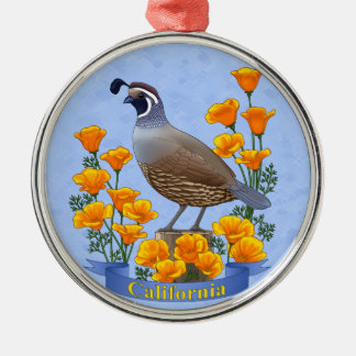 California State Bird Quail & Golden Poppy Metal Ornament