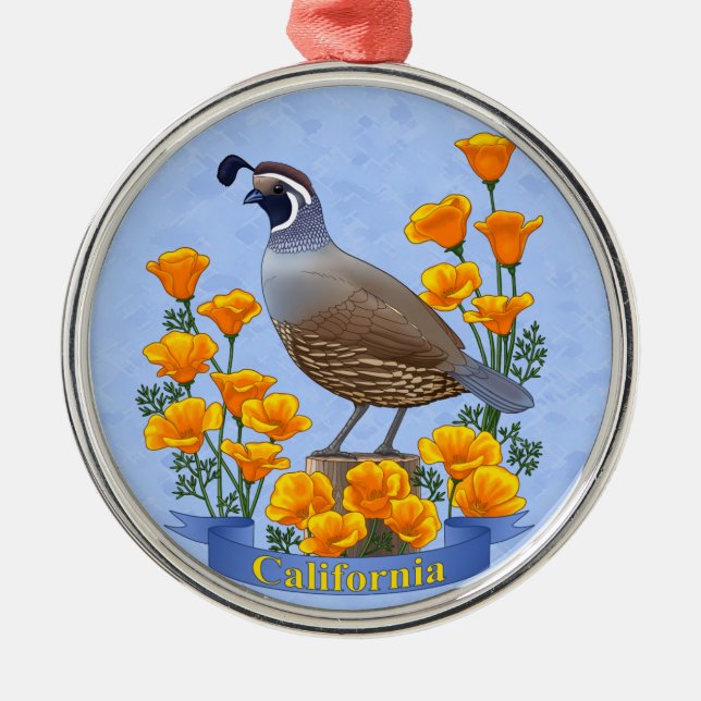 California State Bird Quail & Golden Poppy Metal Ornament (Front)