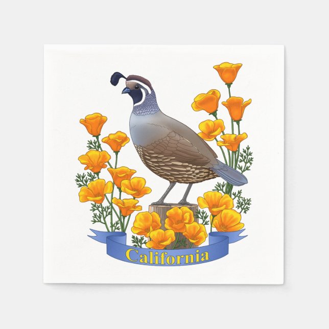 California State Bird Quail & Golden Poppy Paper Napkins (Front)