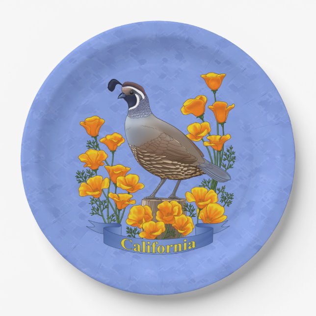 California State Bird Quail & Golden Poppy Paper Plates (Front)