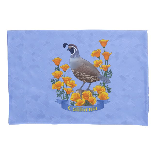 California State Bird Quail & Golden Poppy Pillow Case (Front-Left)