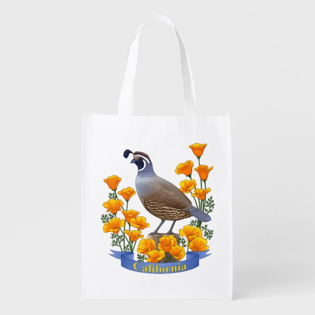 California State Bird Quail & Golden Poppy Reusable Grocery Bag (Front)