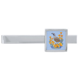 California State Bird Quail & Golden Poppy Silver Finish Tie Bar