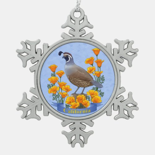 California State Bird Quail  Golden Poppy Snowflake Pewter Christmas Ornament