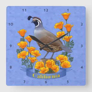 California State Bird Quail & Golden Poppy Square Wall Clock