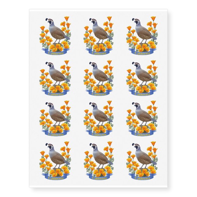 California State Bird Quail & Golden Poppy Temporary Tattoos (Front)