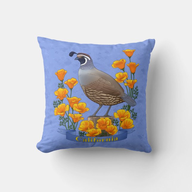 California State Bird Quail & Golden Poppy Throw Pillow (Front)