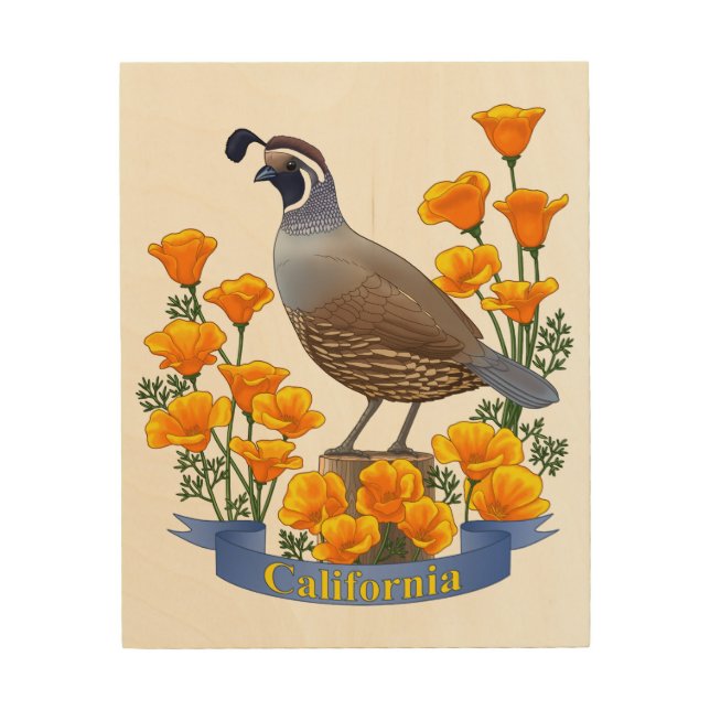 California State Bird Quail & Golden Poppy Wood Wall Art (Front)