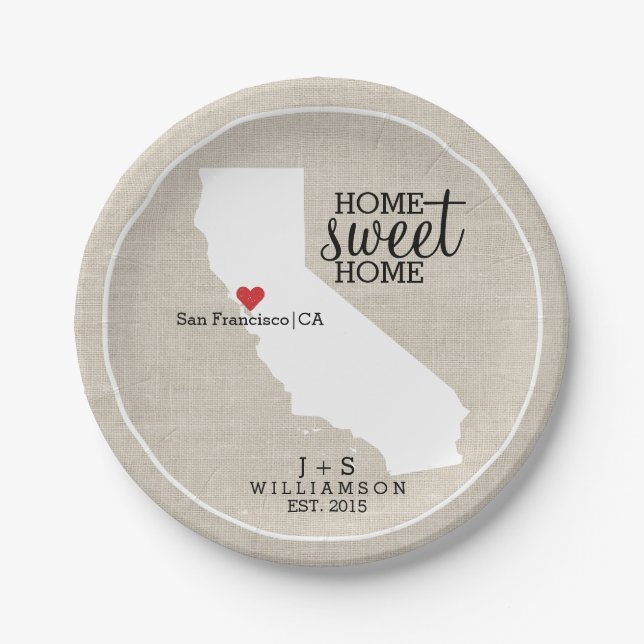 California State Love Home Sweet Home Custom Map Paper Plates (Front)