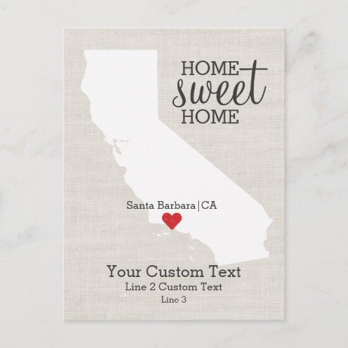California State Love Map Home Sweet Home Custom Announcement Postcard