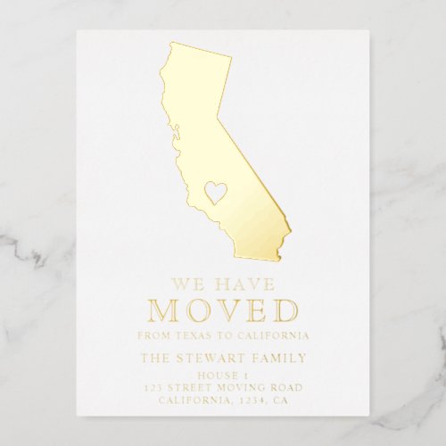 California state map gold heart home moving foil invitation postcard