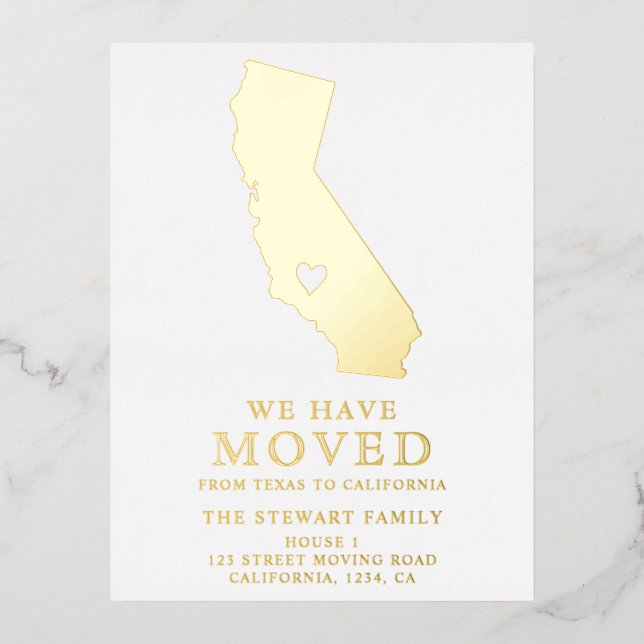 California state map gold heart home moving foil invitation postcard (Front)