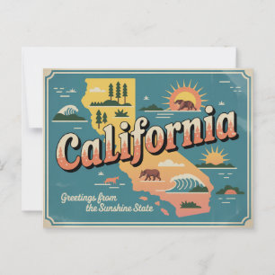 California state map illustrated postcard