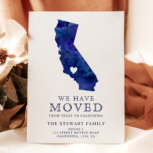 California state map navy watercolor home moving announcement postcard