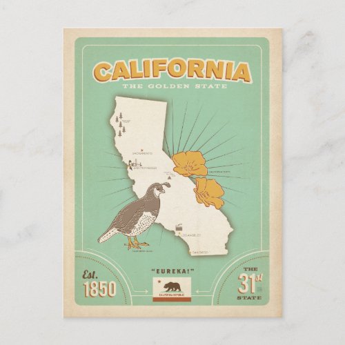 California State Map  The Golden State Postcard