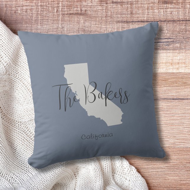 California State Outline Family Name Throw Pillow (Show pride for your state and personalize it!  "love makes this house a home in <your state>")