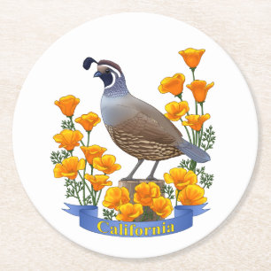 California State Quail Bird & Poppy Flower Round Paper Coaster
