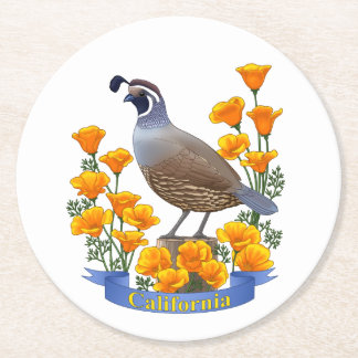 California State Quail Bird & Poppy Flower Round Paper Coaster