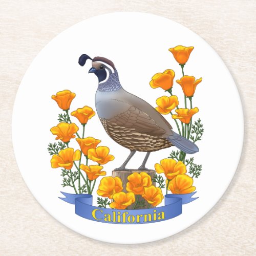 California State Quail Bird  Poppy Flower Round Paper Coaster