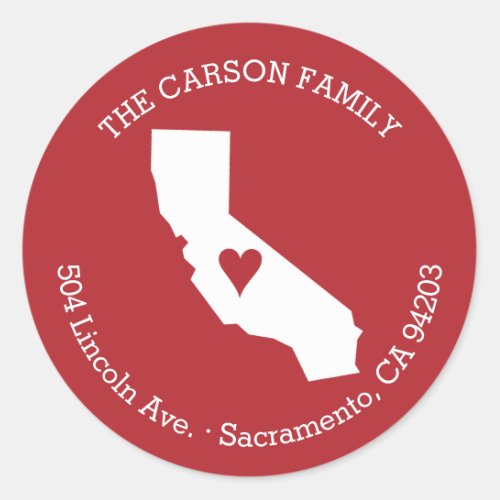 California State Return Address with Heart on City Classic Round Sticker