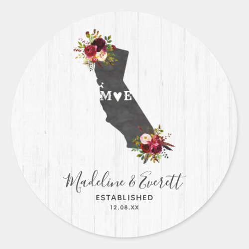 California State Rustic Floral Wedding Monogram Classic Round Sticker