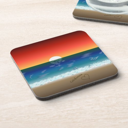 California Sunset  Beach Sand Heart Beverage Coaster