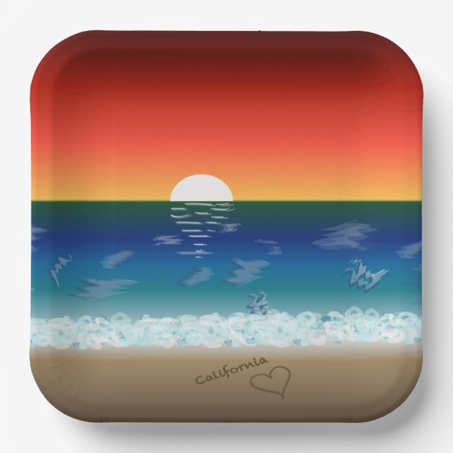 California Sunset | Beach Sand Heart Paper Plates (Front)