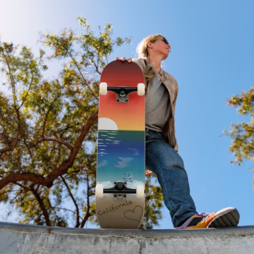 California Sunset  Beach Sand Heart Skateboard