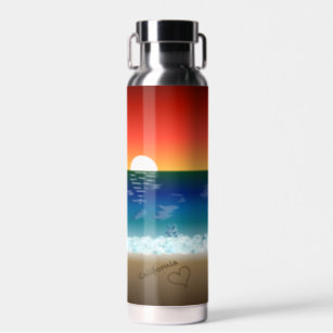 California Sunset   Beach Sand Heart Water Bottle
