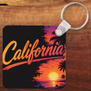 California Sunset Paradise – Retro Palm Tree Silho Keychain