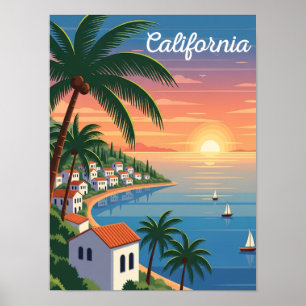 California Sunset Vintage Travel Coastal Beach Poster