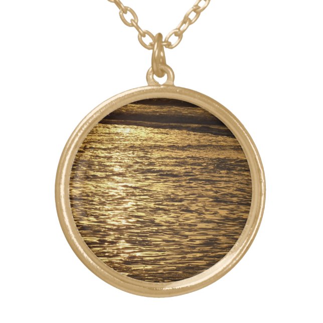 California Sunset Waves Ocean Seascape Gold Plated Necklace (Front)