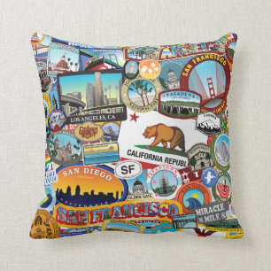 California Super Sticker Collage Pattern Throw Pillow