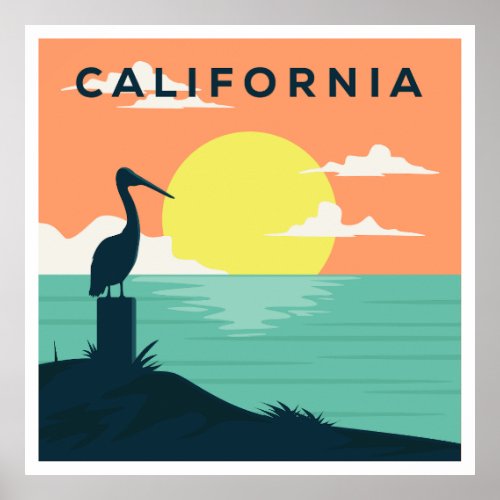 California Surf Beach Sunset Vintage Poster