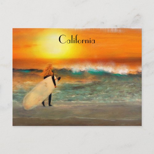California Surfer Girl Beach Sunset Postcard