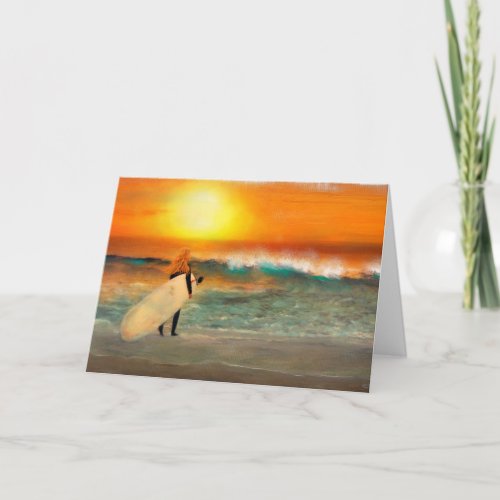 California Surfer Girl Sunset Beach Greeting Card