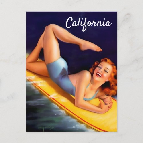 California surfer girl Vintage pin up Postcard