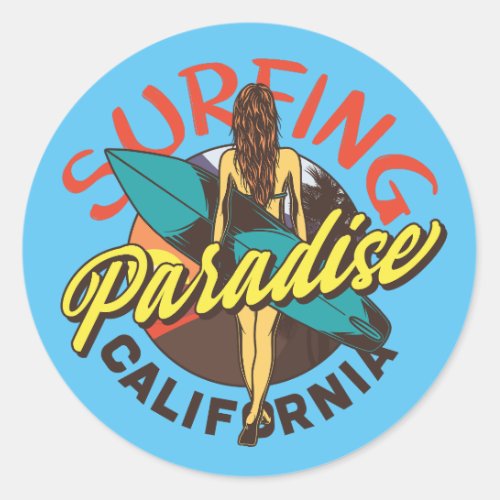 California Surfing Paradise Vintage Classic Round Sticker
