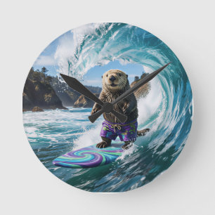California Surfing Sea Otter Round Clock