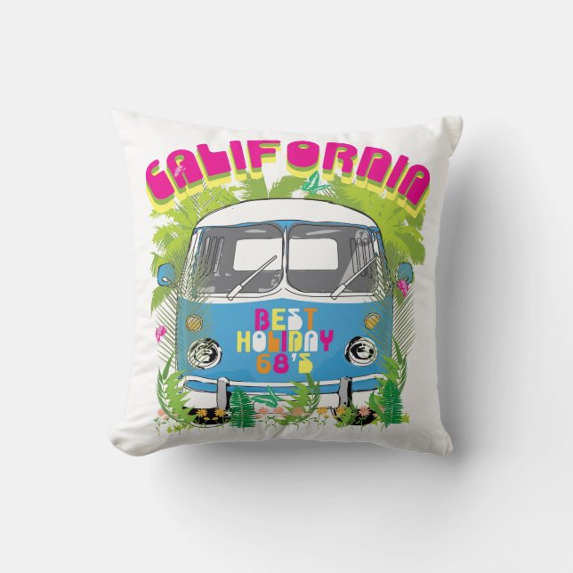 California Surfing Van Throw Pillow (Front)