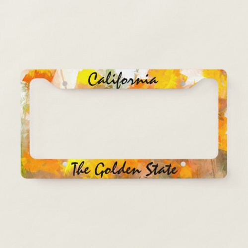 California The Golden State text with Poppies License Plate Frame