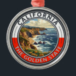 California Travel Art Badge Metal Ornament<br><div class="desc">California retro vector travel design. This retro-style travel art,  with its blend of bold colors and vintage allure,  is designed to inspire a sense of adventure.</div>