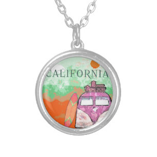 California Travel Poster Silver Plated Necklace