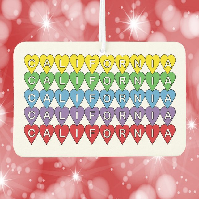 California US State Heart Pattern Air Freshener (An air freshener with the word California in yellow, green, blue, purple and red hearts)