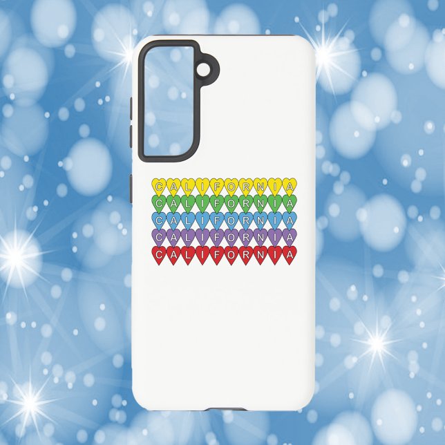 California US State Hearts Samsung Galaxy Case (A phone case with the word California in yellow, green, blue, purple and red hearts)